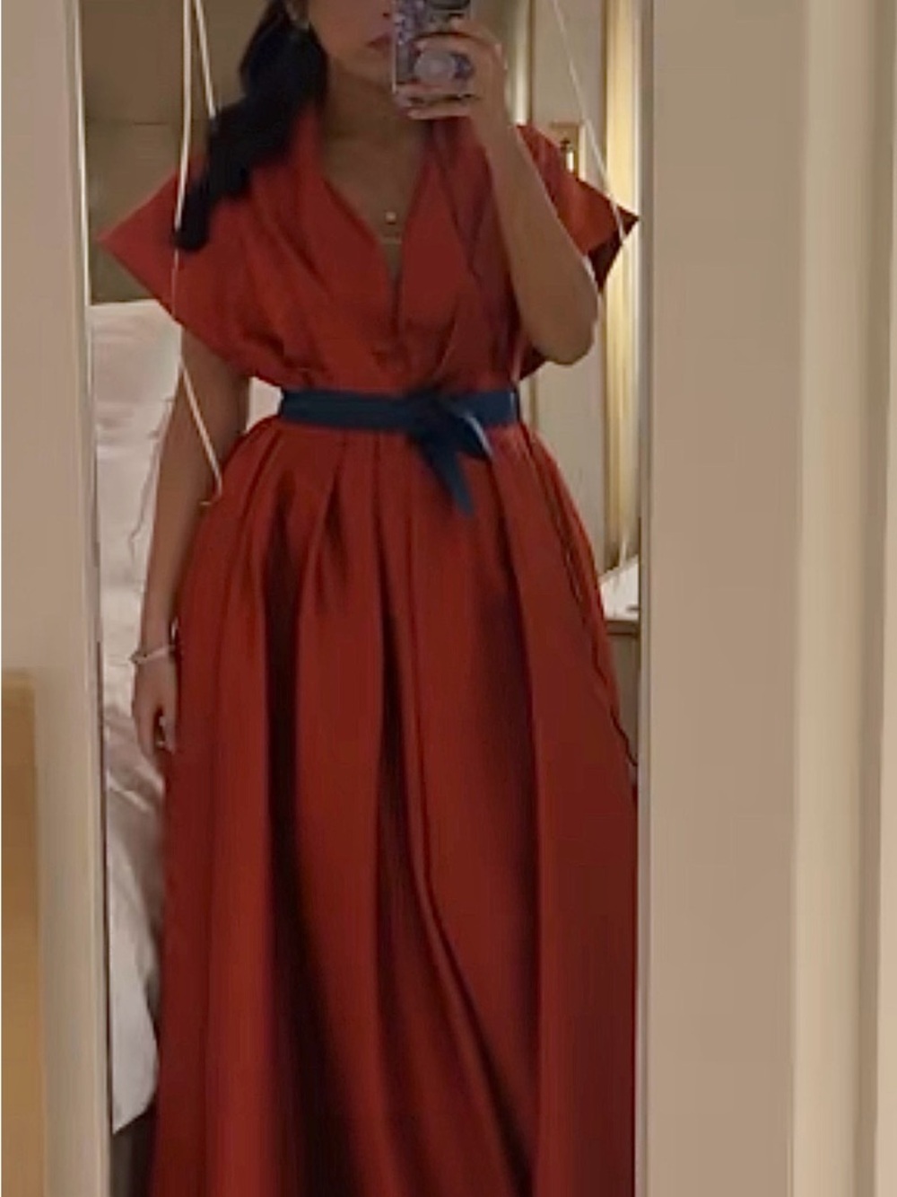 Orange/Red Satin V-Neck Maxi Evening Dress with Deep Turqoise Waist Tie